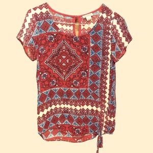 Lucky Brand Slip Over Front Tie Bohemian Blouse Keyhole Back